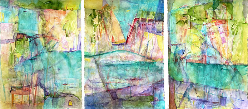 Carol Readman nz abstract watercolour art, Browns Island retreat, watercolour